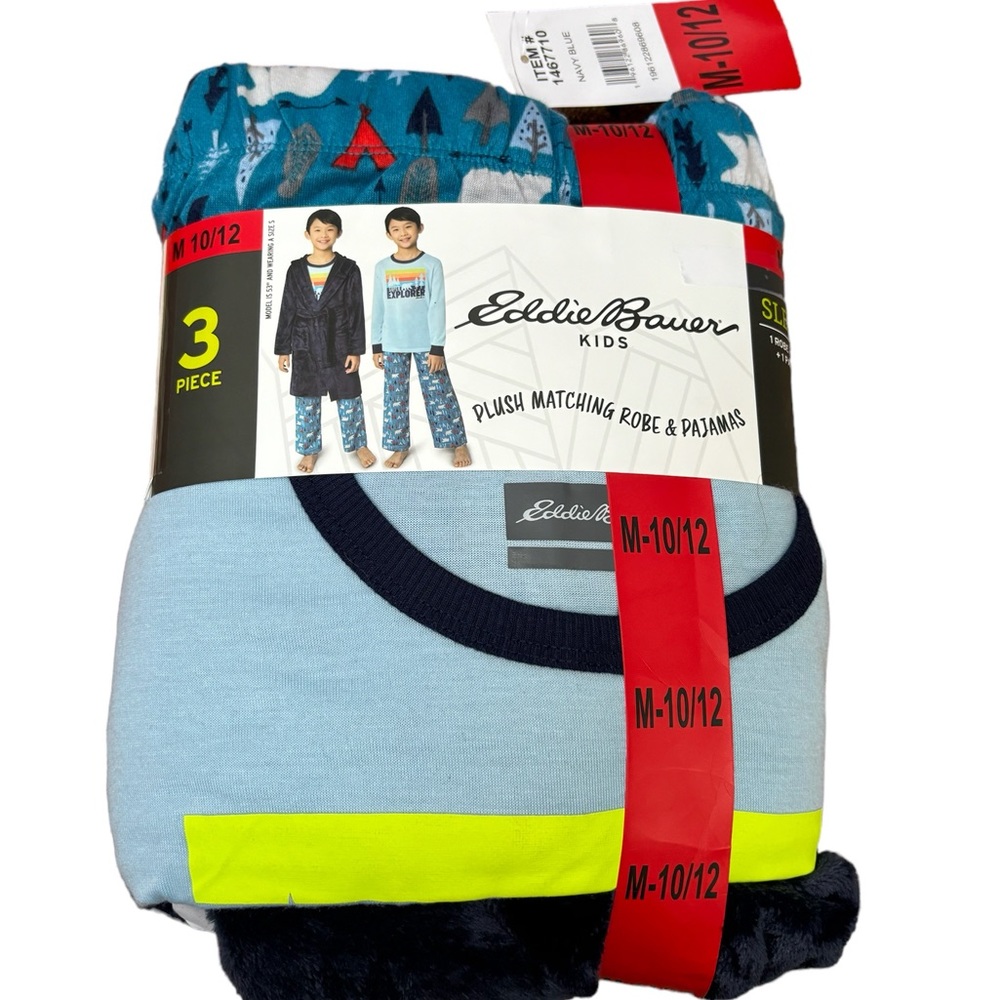 Eddie Bauer Boys Plush Matching Robe‎ and Pajamas (3 Pieces) Blue Size M (10/12)